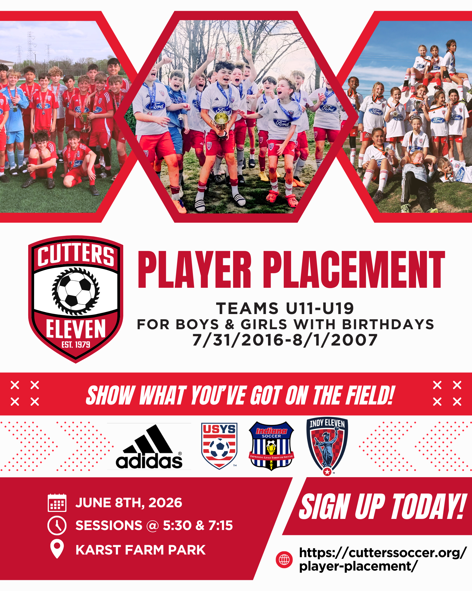 Cutters Eleven Player Placement - TEAMS U11-U19 FOR BOYS & GIRLS WITH BIRTHDAYS 7/31/2016-8/1/2007 - JUNE 8TH, 2026 SESSIONS @ 5:30 & 7:15 KARST FARM PARK - SIGN UP TODAY! - https://cutterssoccer.org/player-placement/